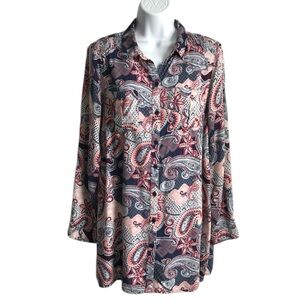 ND New Directions Women’s M Multi Red & Blue Paisley Button Down Shirt in EUC